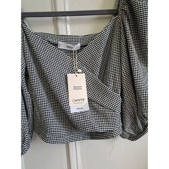 Mng Womens Small BALOON PUFFER SLEEVE crop Top Black White Gingham Plaid shirt - Picture 3 of 7